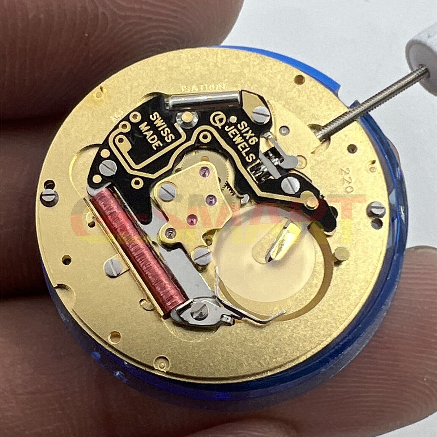 ISA 220 golden quartz watch movement with 2 hands and calendar, perfect for men's watch repairs.