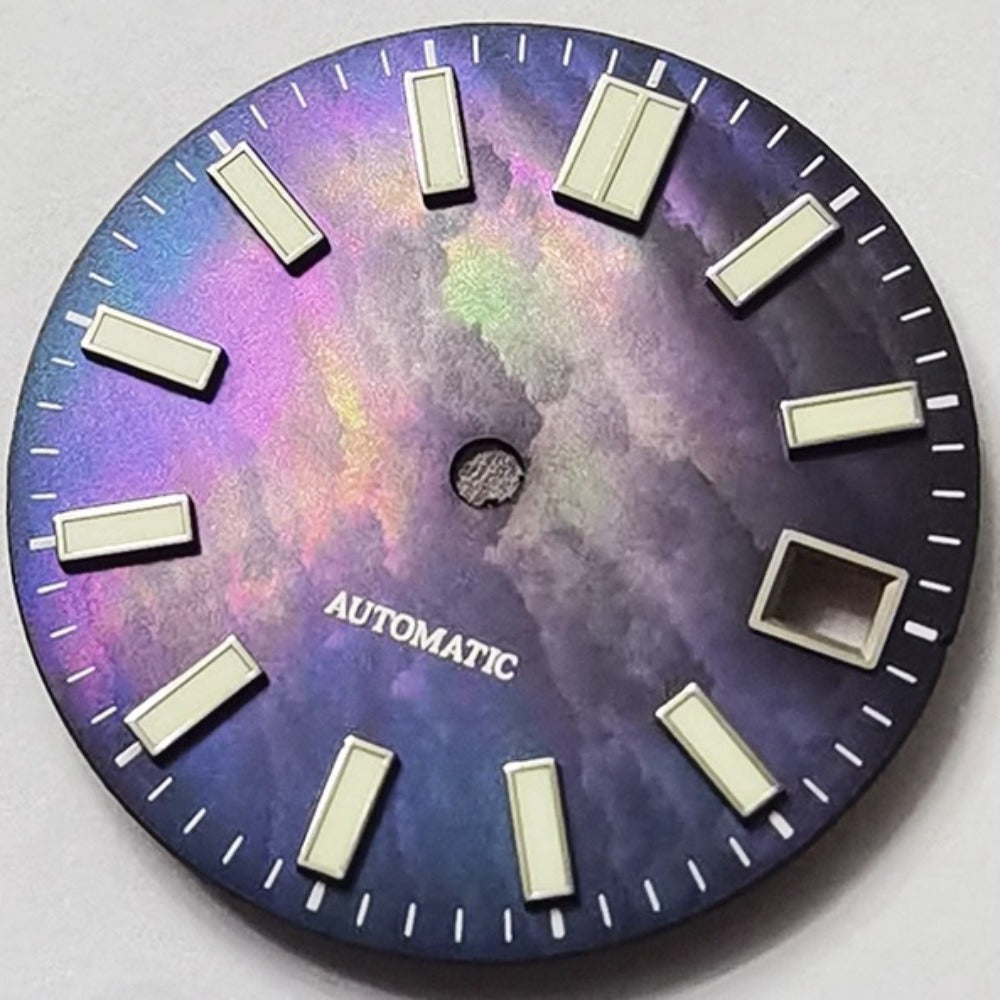 Watercolor Universe 28.5mm Seashell watch dial with green lume for NH35/NH36 movements, diving style accessory.