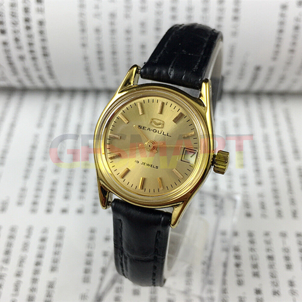 Montre mécanique à cadran rond pour femme, cadran doré, calendrier simple, motif mouette
