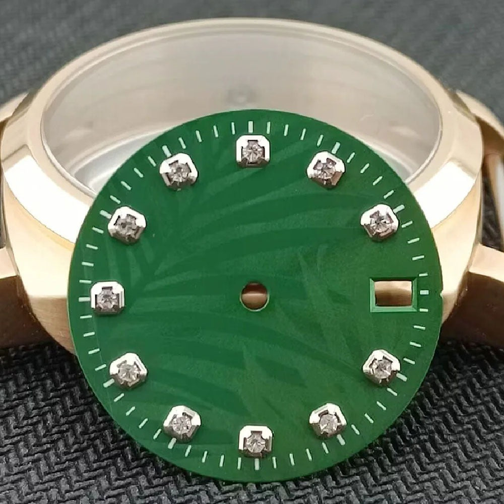 Silver square nail green Datejust watch dial by Modified Leaf, compatible with NH35 NH36 movements.