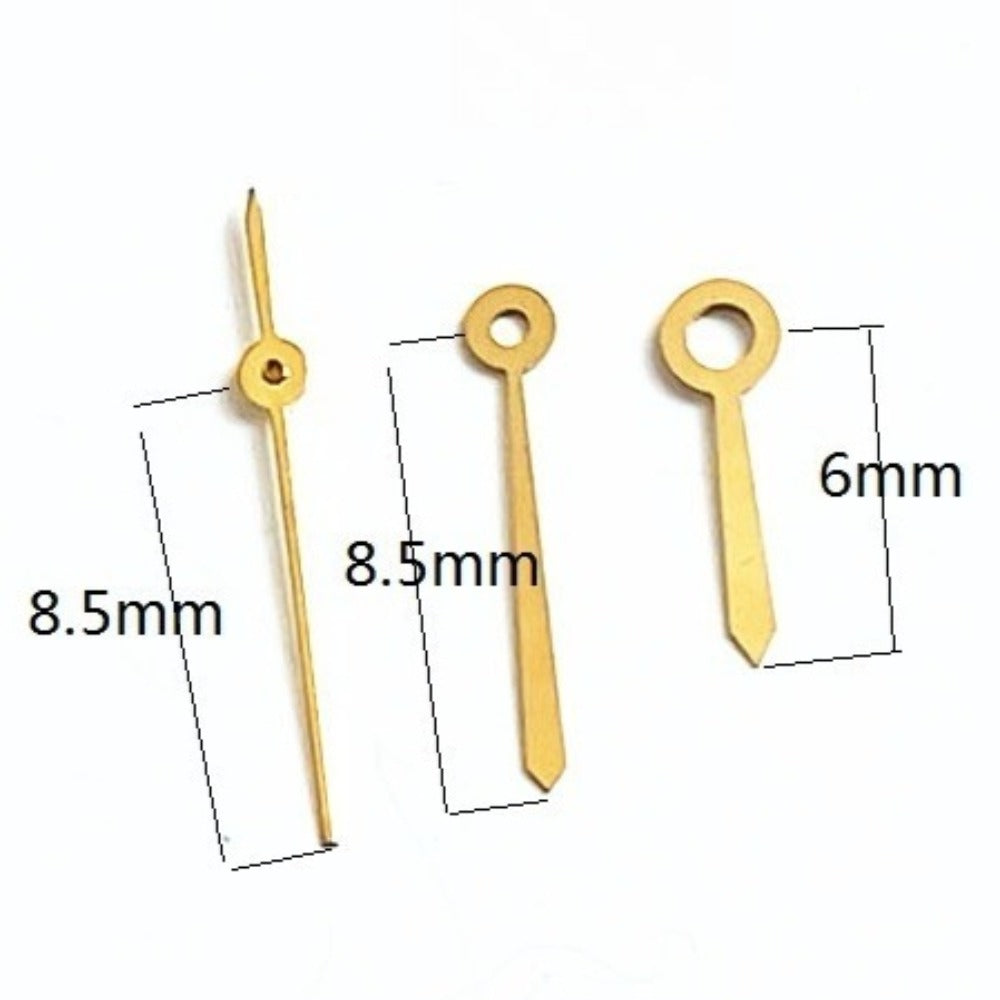 8.5mm golden watch hands for Ronda 785 movement, precise accessory for luxury watch repairs.