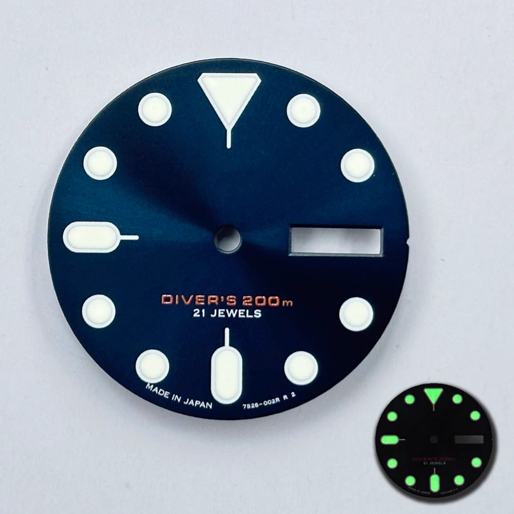 Dark blue and white Datejust watch dial with green luminous markers, compatible with NH35 NH36 movement, brand stylish design.