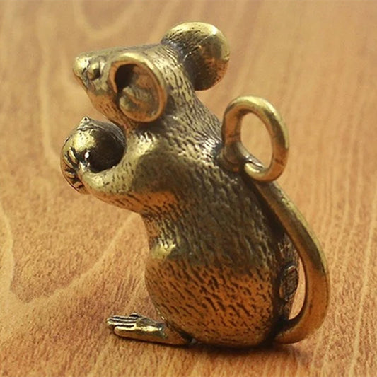 Vintage hand-carved Solid Copper mouse figurine by Peach Trinket, detailed bronze collectible accessory.