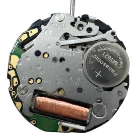 Japaese Citizen E001 Eco-Drive watch movement with solar power and double calendar date at 3.