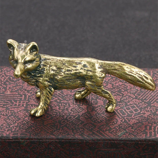 Solid copper vintage fox trinket, hand-carved bronze model figurine for home decor.