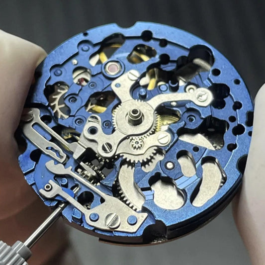 Japan Made Miyota Blue and Silver Hollow 8N24 Automatic Watch Movement showcasing intricate mechanical craftsmanship by Miyota.