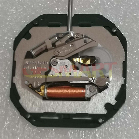 Quartz Miyota 2353 movement with date at 3, 3-hand watch mechanism with stem for precise timekeeping.