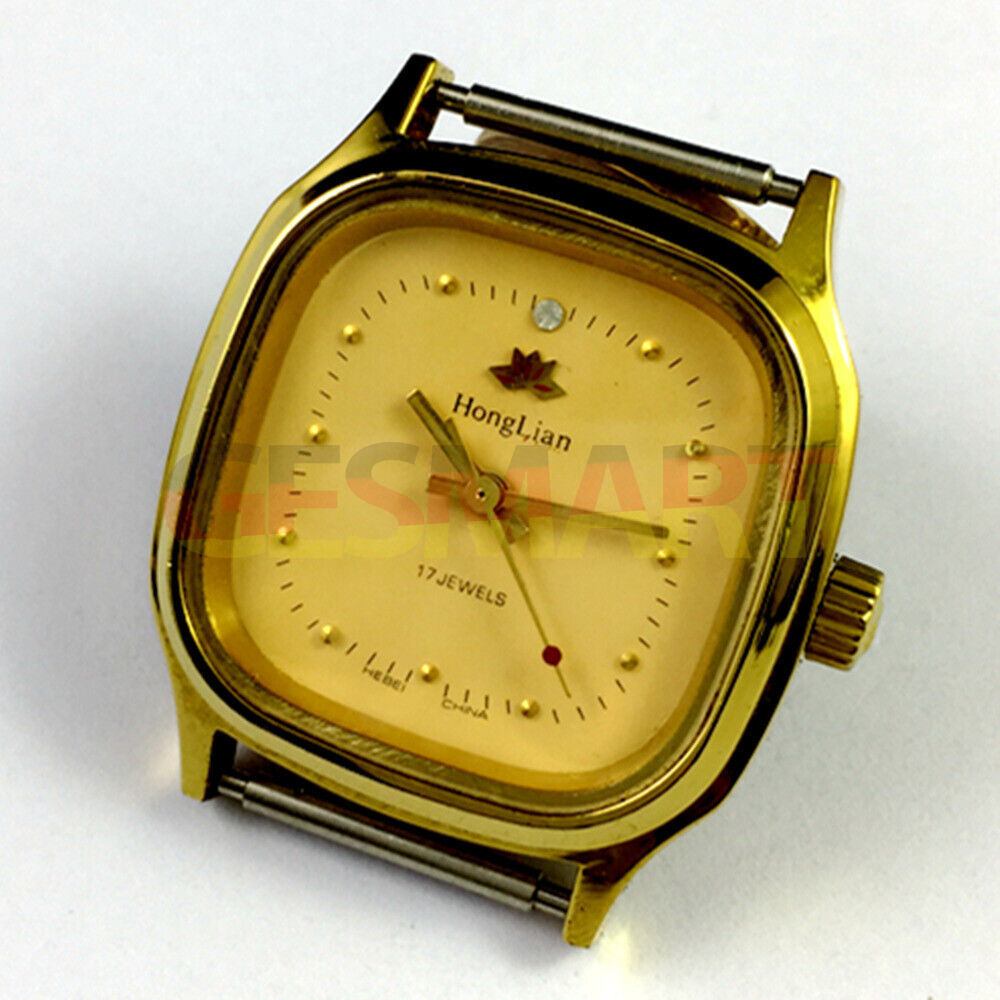 HONGLIAN manual mechanical watch with golden nail markers and square gold case on yellow dial, elegant style.