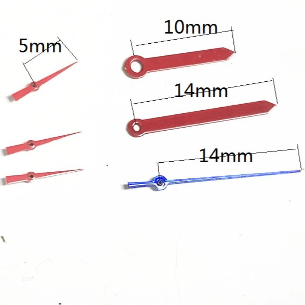 14mm red and blue painted watch hands set, six hands for Miyota JS15 quartz movement.