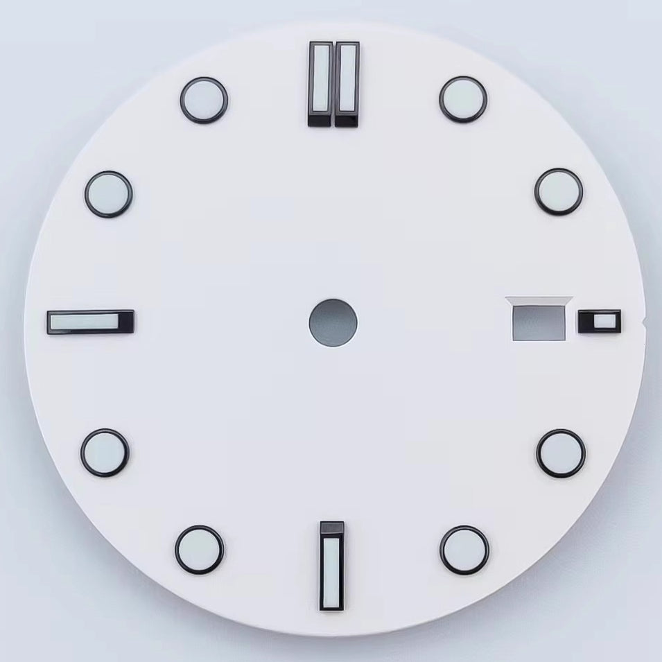 Solid White 32mm Blue Green Lume Watch Dial For NH35 Movement Date At 3