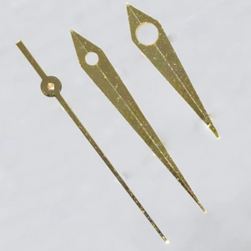 Golden 17.5mm arrow-shaped watch hands by ETA, compatible with ETA2836, 2824, 2892A2 series, elegant design.