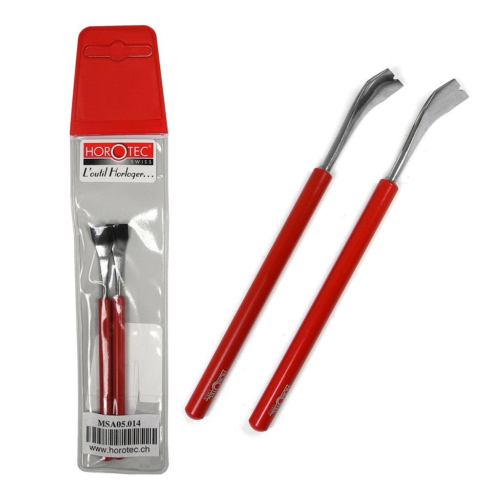 Horotec MSA05.014 precision hand levers with 10mm tips for detailed wristwatch repair and adjustments.