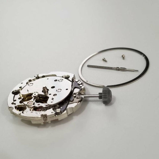 Miyota 82S7 silver mechanical automatic movement for watch repair, precision timepiece component.