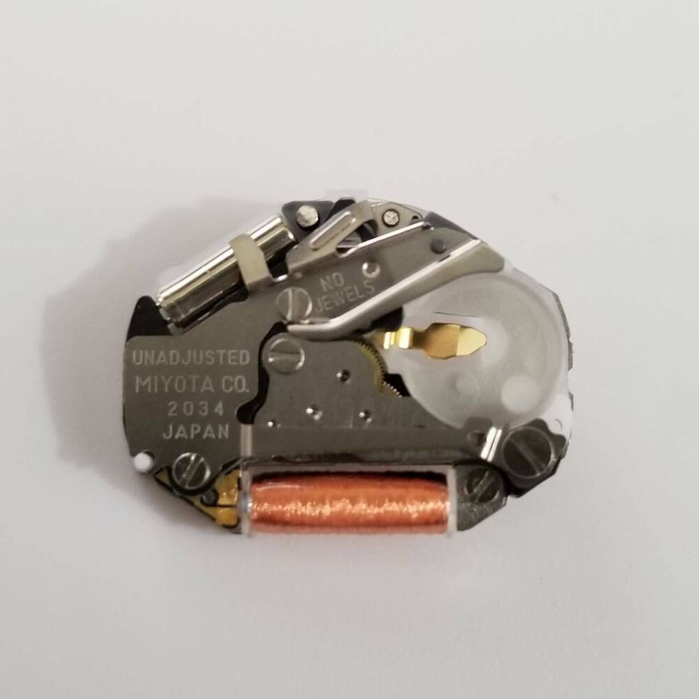 Miyota 2034 quartz watch movement for precise timekeeping and reliable watch repairs.