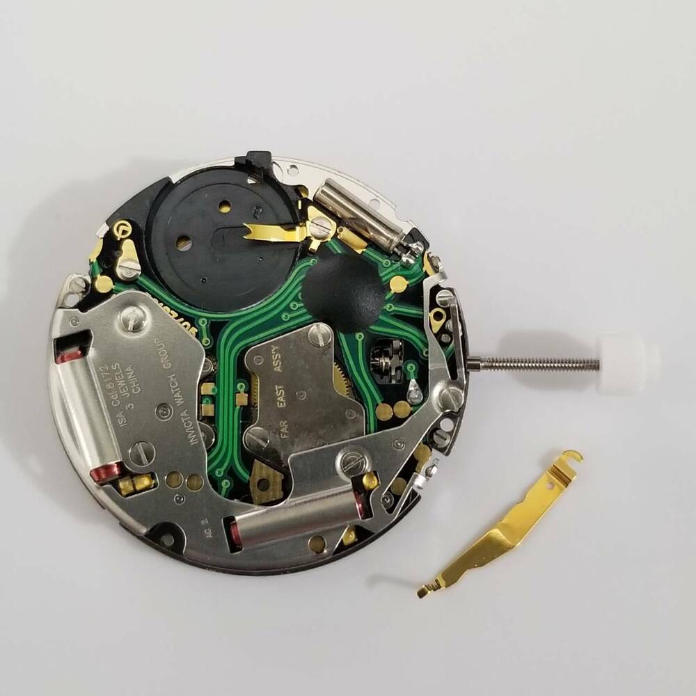 Silver ISA 8172 quartz watch movement by ISA, replacement part for 8162/220 models, precise repair component.