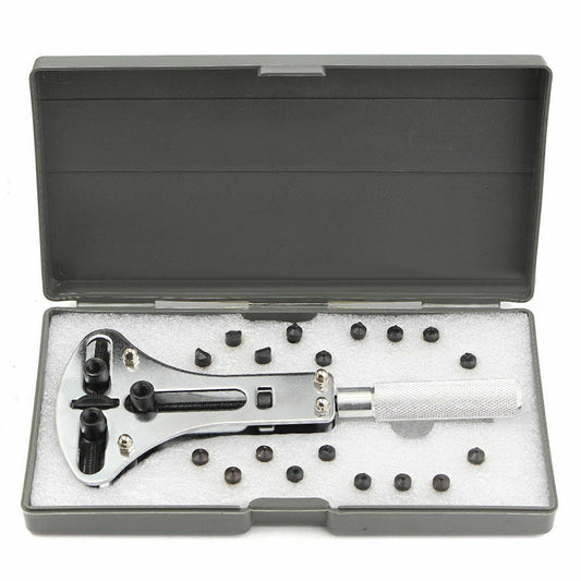 Adjustable 55cm watch back case opener wrench with 18 bits for precise watch repair.