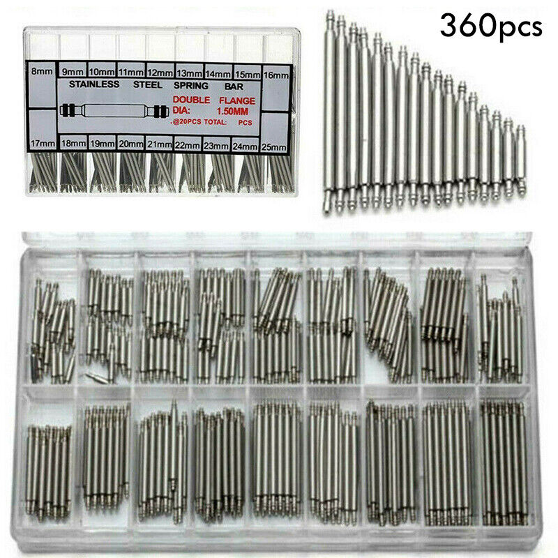360 stainless steel spring bars and link pins set, durable watch band replacement kit 8-25mm.
