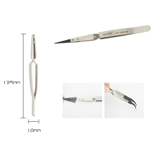 JM-T10-12 Steel precision anti-static ESD tweezers for iPhone repair and electronics handling.