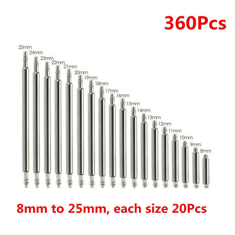 Stainless steel spring bars and link pins kit, 360PCS, sizes 8-25mm for watch strap repair.