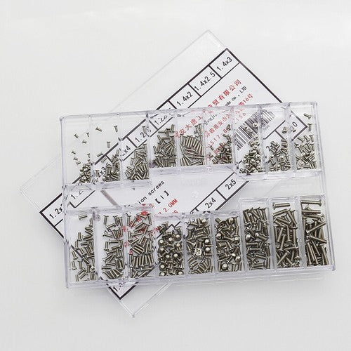 Set of 27 watch back case repair screws in various diameters for precise maintenance.