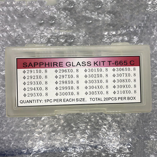 T-665C Sapphire glass set with 20 sizes for watch crystal replacement, durable and scratch-resistant.