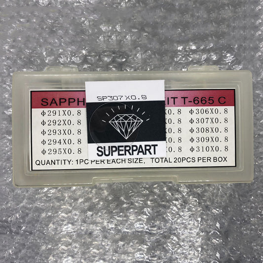 T-665C Sapphire glass set with 20 sizes for watch crystal replacement, durable and scratch-resistant.