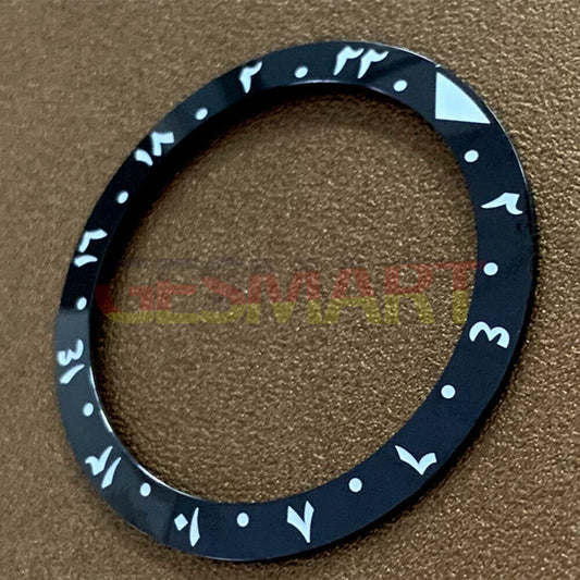 38mm black ceramic bezel insert with Arabic font, durable replacement part for watches.