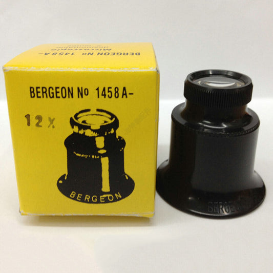 Bergeon 1458A double lens eyeglass featuring 12x and 15x magnification for detailed watch repair work.