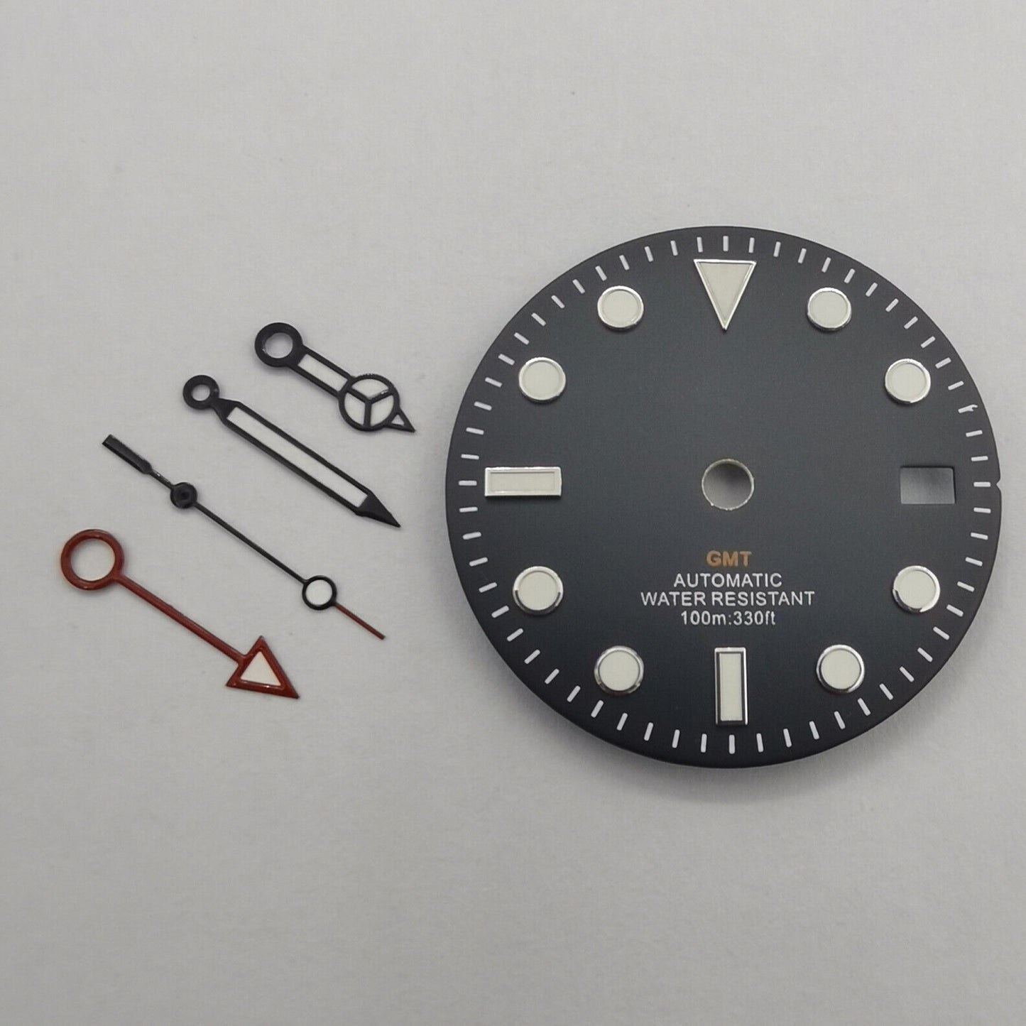 29mm GMT MOD black watch dial with green luminous markers, compatible with NH34 movement, featuring watch hands by GMT.