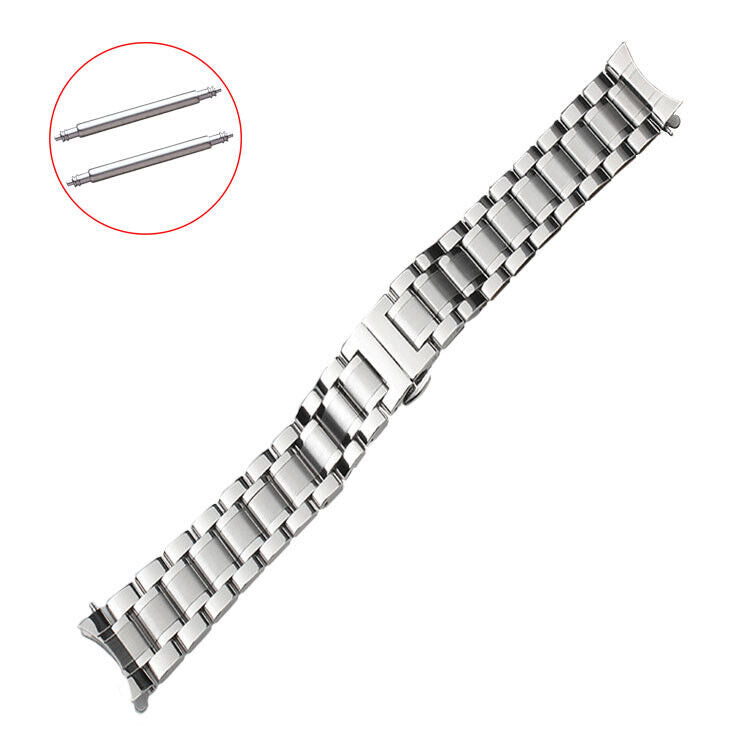 Curved end 12-24mm steel watch band with butterfly clasp, durable strap for secure fit and stylish look.