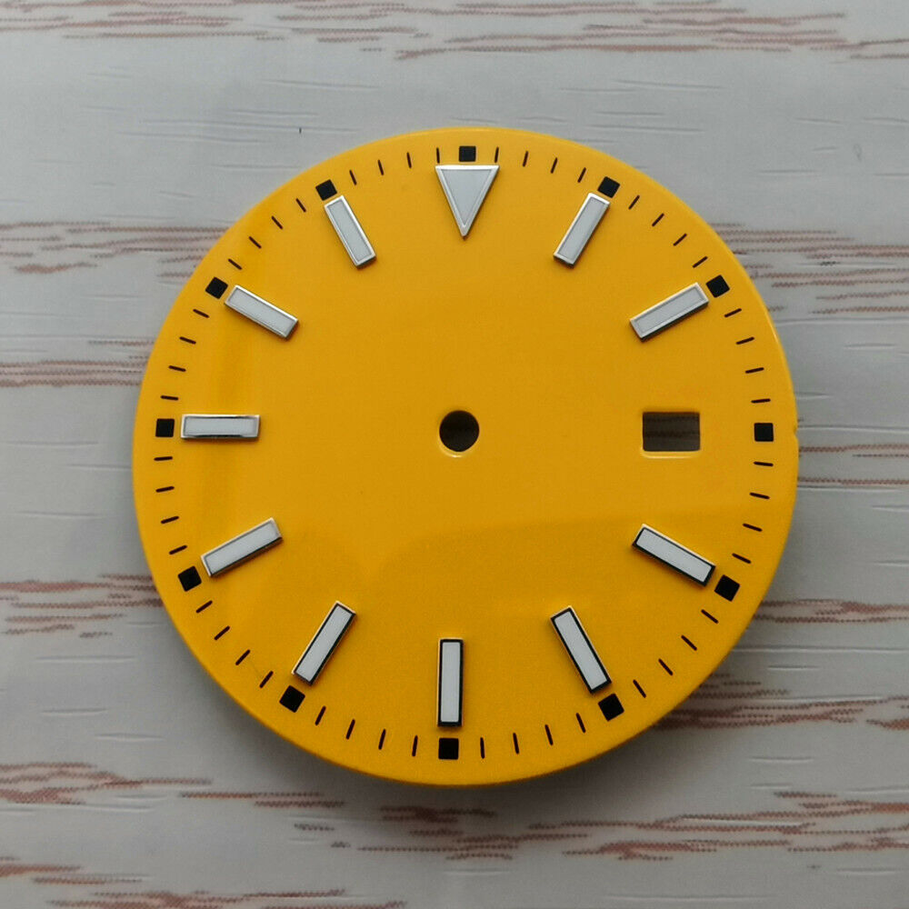 33.50mm multi-color watch dial with blue lume, compatible with NH36 movement, ideal for custom watch builds.