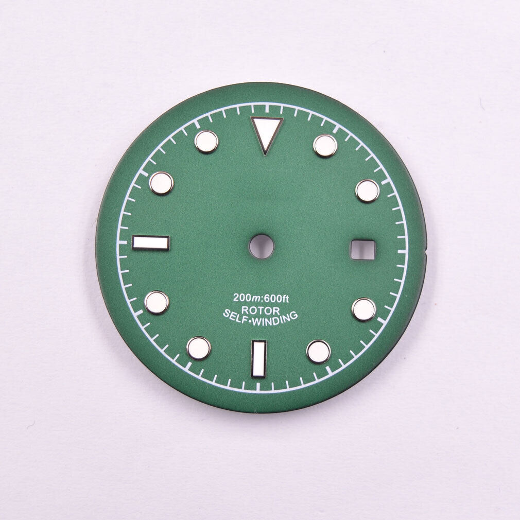 Green luminous 33.50mm watch dial compatible with ETA2836 MYT 8215 movements, glow-in-the-dark by MYT.