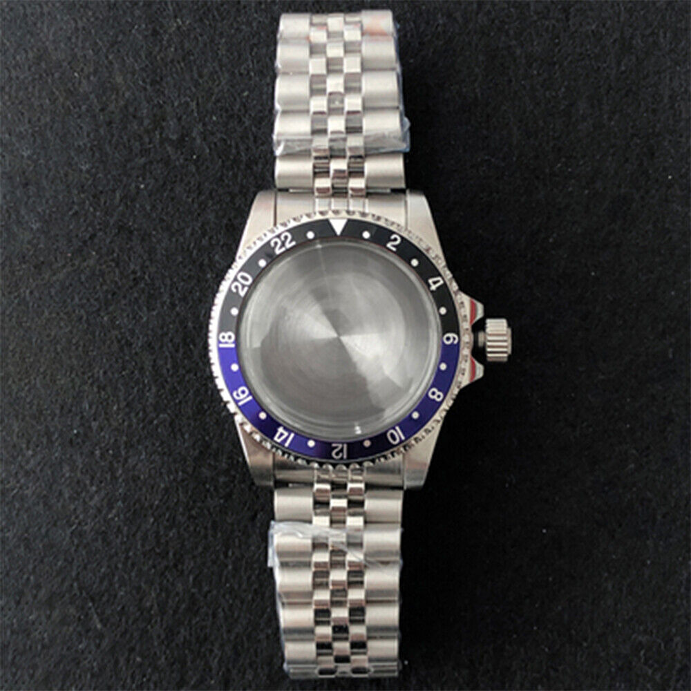 39.5mm stainless steel watch case with strap band, compatible with NH35/NH36 movement, durable design.