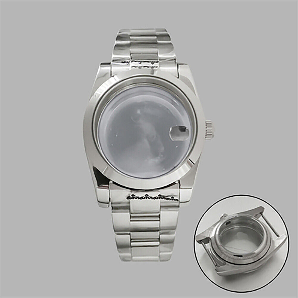 Boîtier de montre 36 mm + bracelet en acier inoxydable avec fenêtre de calendrier transparente pour NH35/36