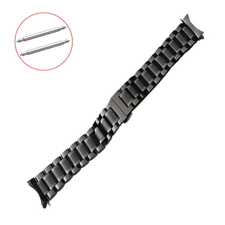 Curved end 12-24mm steel watch band with butterfly clasp, durable strap for secure fit and stylish look.