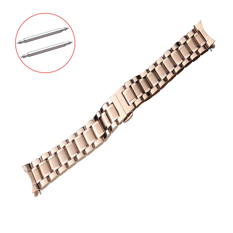 Curved end 12-24mm steel watch band with butterfly clasp, durable strap for secure fit and stylish look.