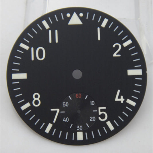Black 38.9mm pilot watch dial with green luminous markers, compatible with ETA 6498 movement.