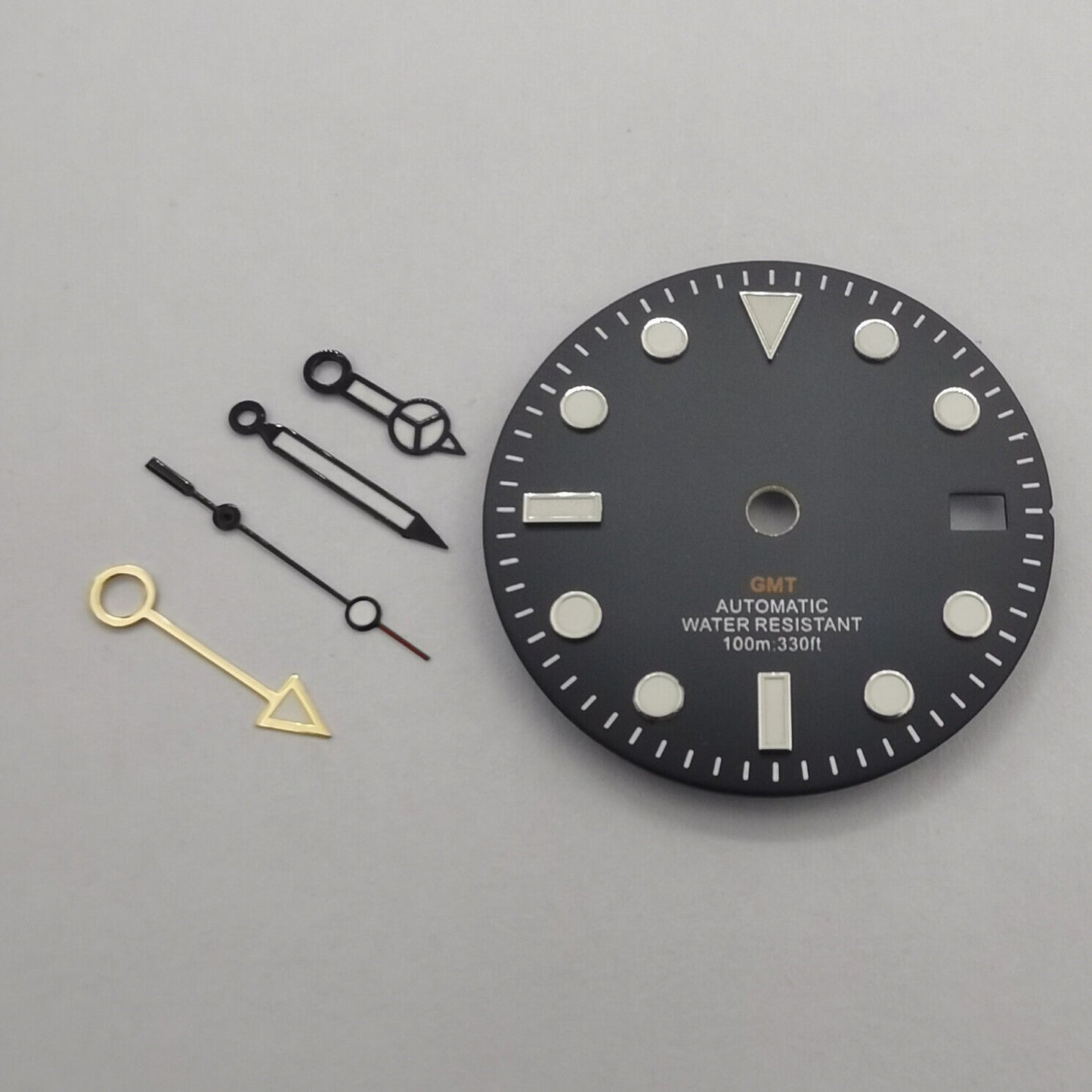 29mm GMT MOD black watch dial with green luminous markers, compatible with NH34 movement, featuring watch hands by GMT.