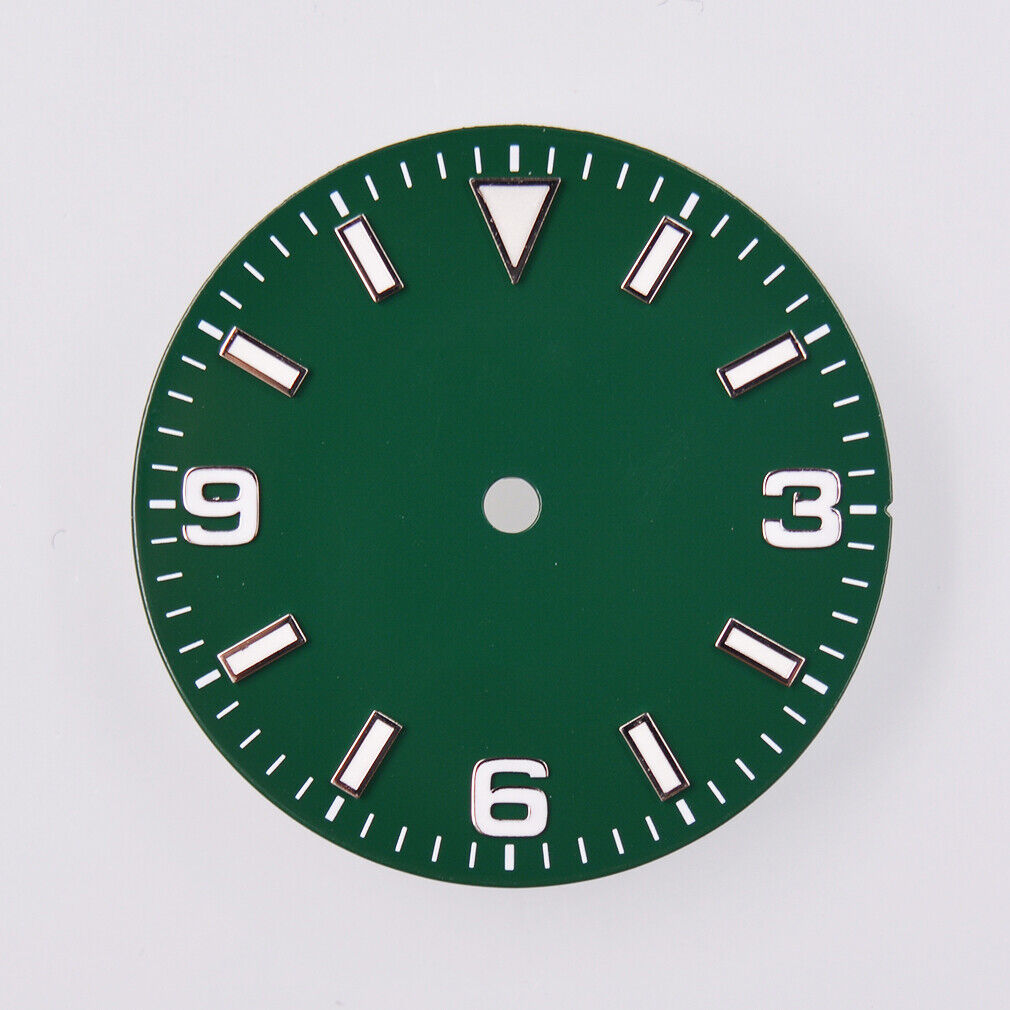 29mm MYT watch dial with green luminescent markers, compatible with NH35/36 and ETA movements.
