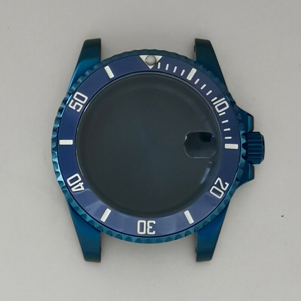 40MM Blue flat magnifying glass watch case for NH35/NH36 movement, enhancing dial clarity.