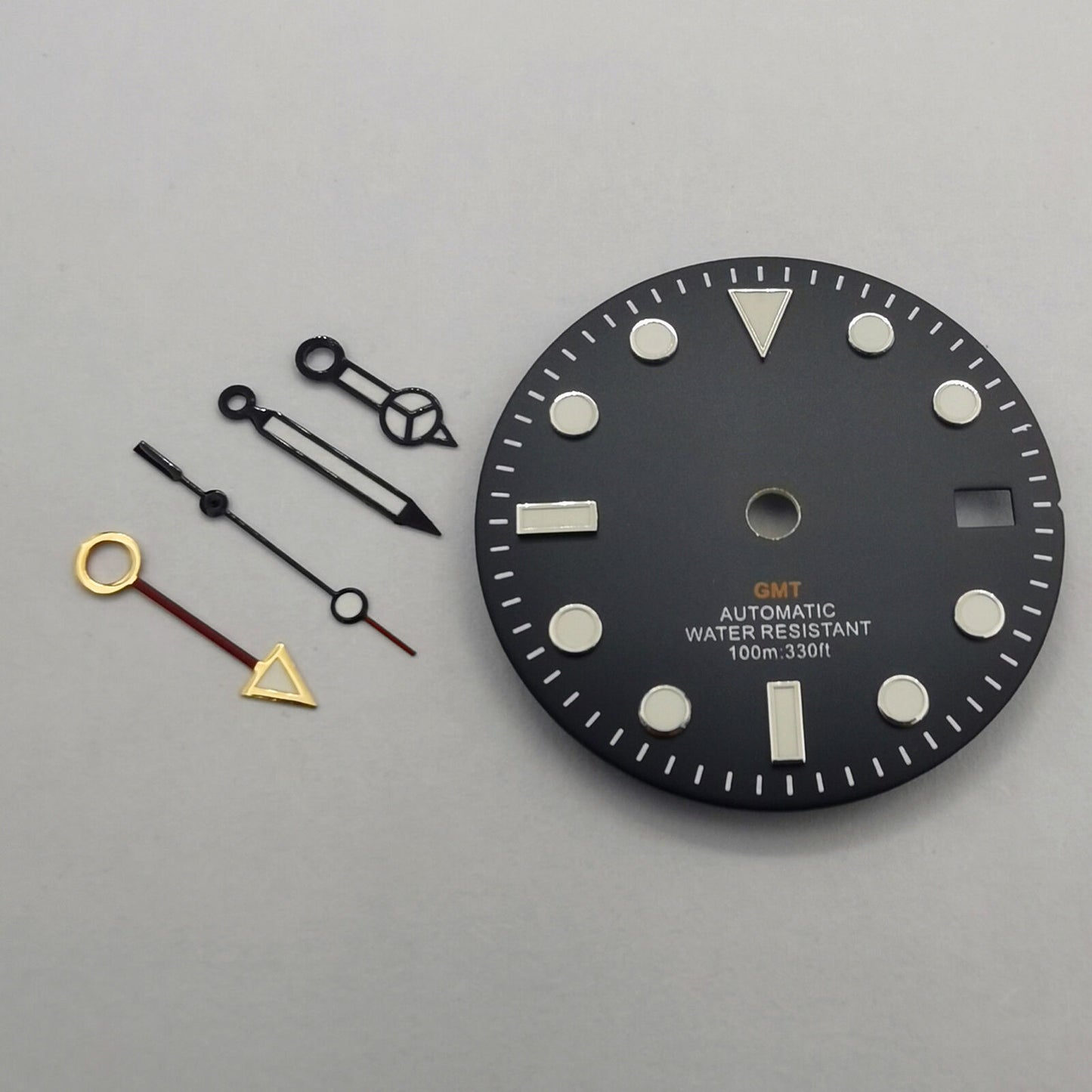 29mm GMT MOD black watch dial with green luminous markers, compatible with NH34 movement, featuring watch hands by GMT.