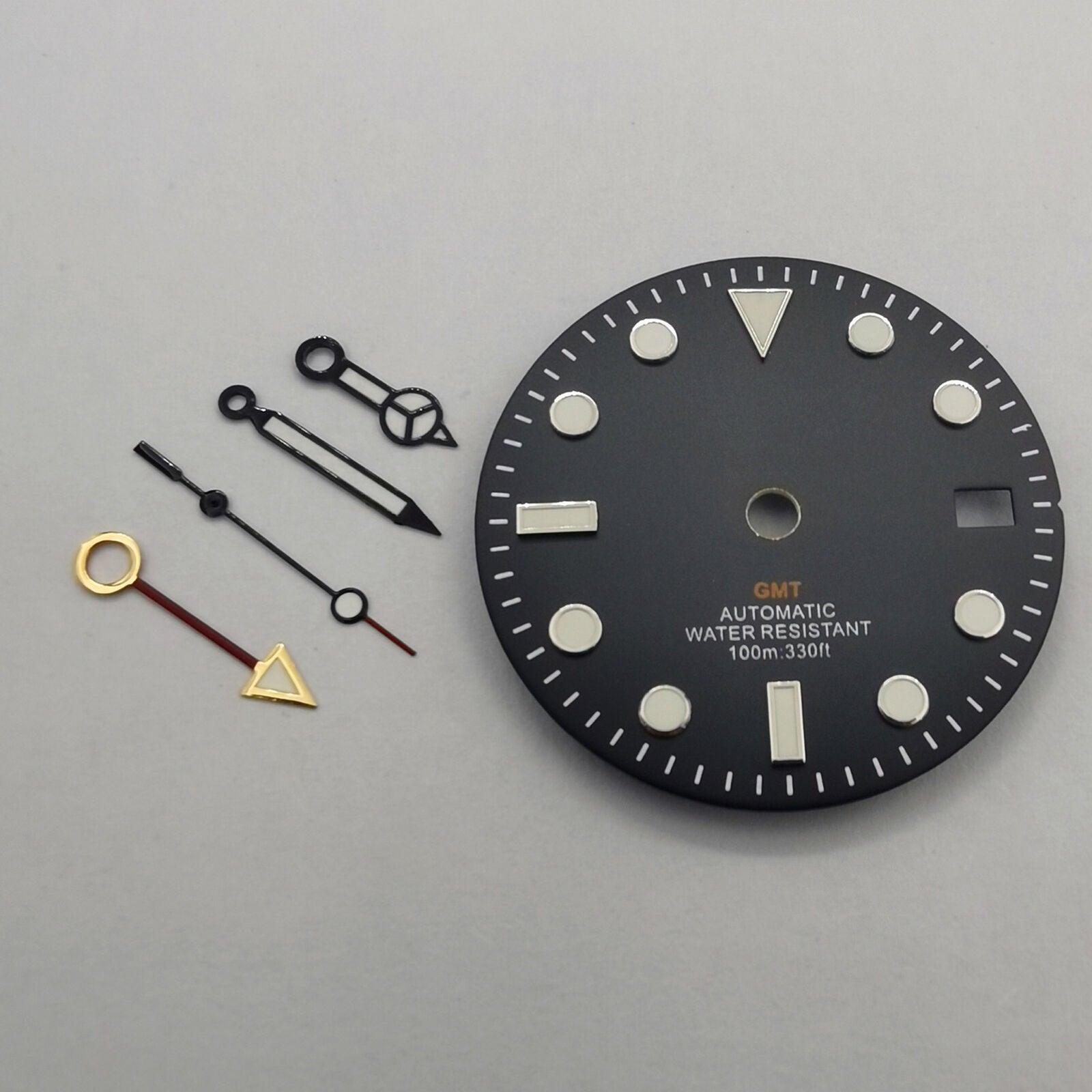 29mm GMT MOD black watch dial with green luminous markers, compatible with NH34 movement, featuring watch hands by GMT.