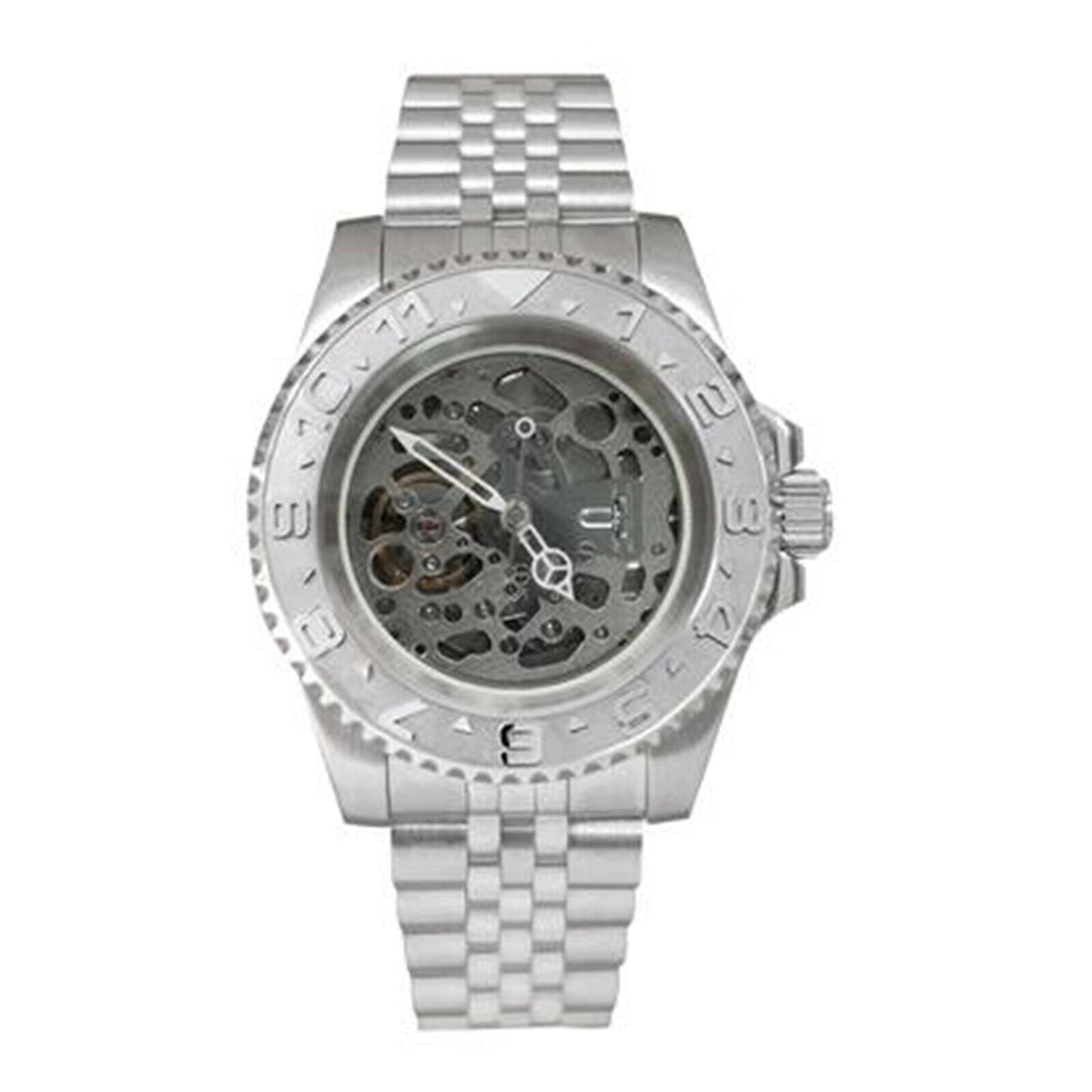 NH70 40mm stainless steel watch case with sapphire glass, hollow dial, and luminous hands by NH70.