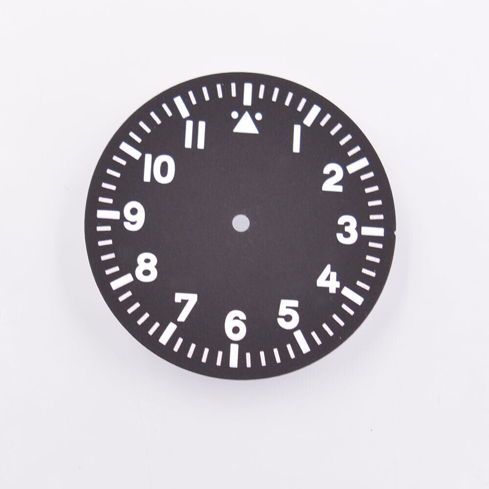 Black watch dial with green lume for MYT 8205 movement, 35.50mm, enhancing visibility and style.