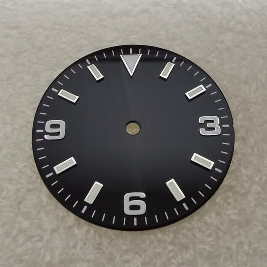 29mm green luminous watch dial for NH35 NH36 movement, 369 style, vibrant night visibility.