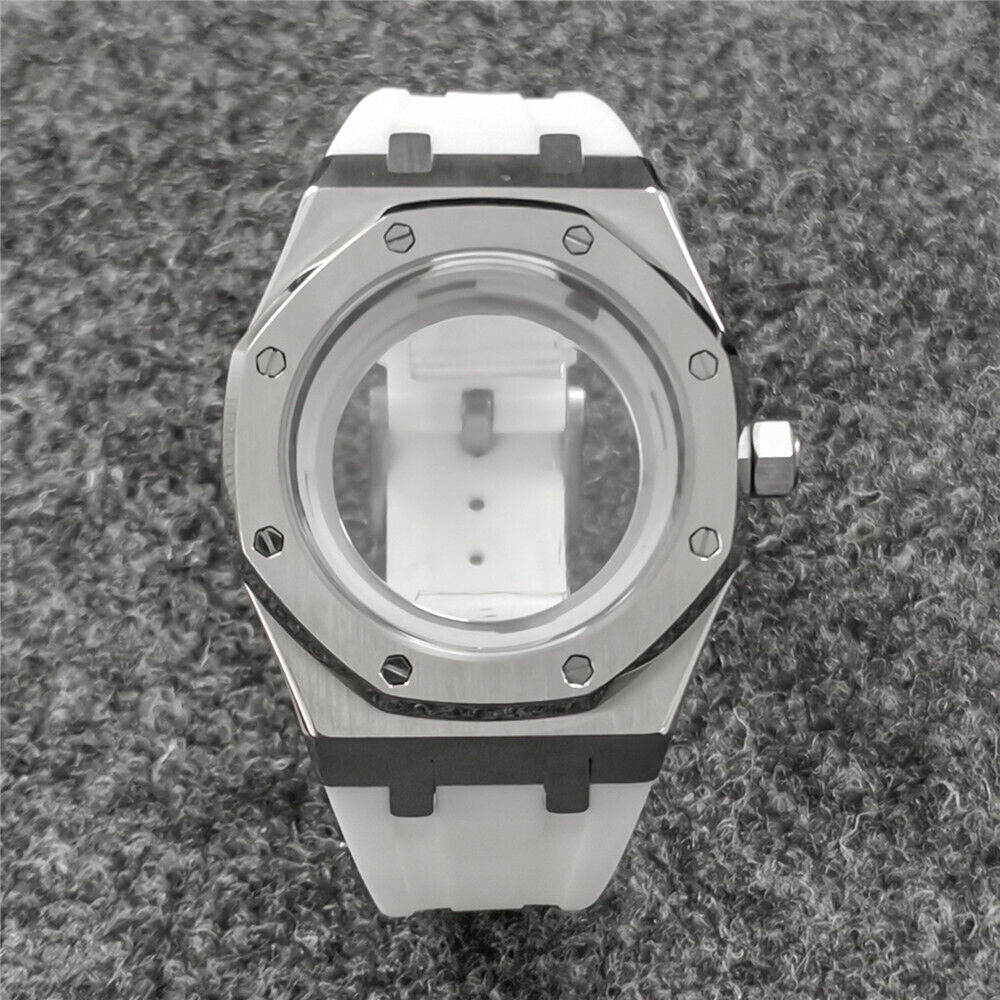41MM sapphire glass watch case with black rubber strap for NH35/NH36, durable and water-resistant.