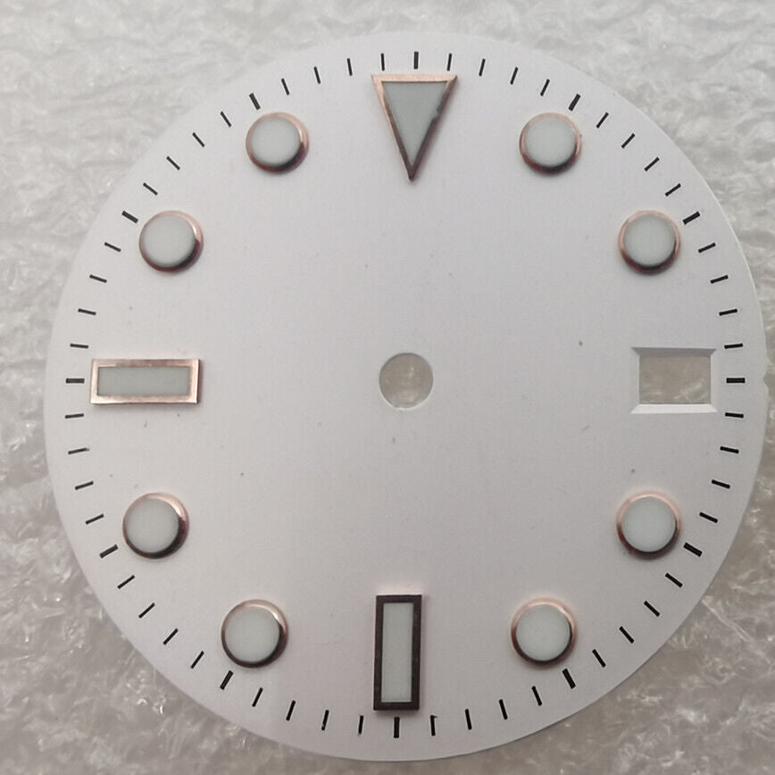 28.50mm white watch dial with green luminous markers for NH35 NH36 movement, precision timepiece accessory.