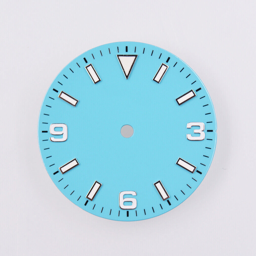 29mm MYT green lume watch dial with luminescent markers, fits NH35/36 and ETA movements for enhanced visibility.