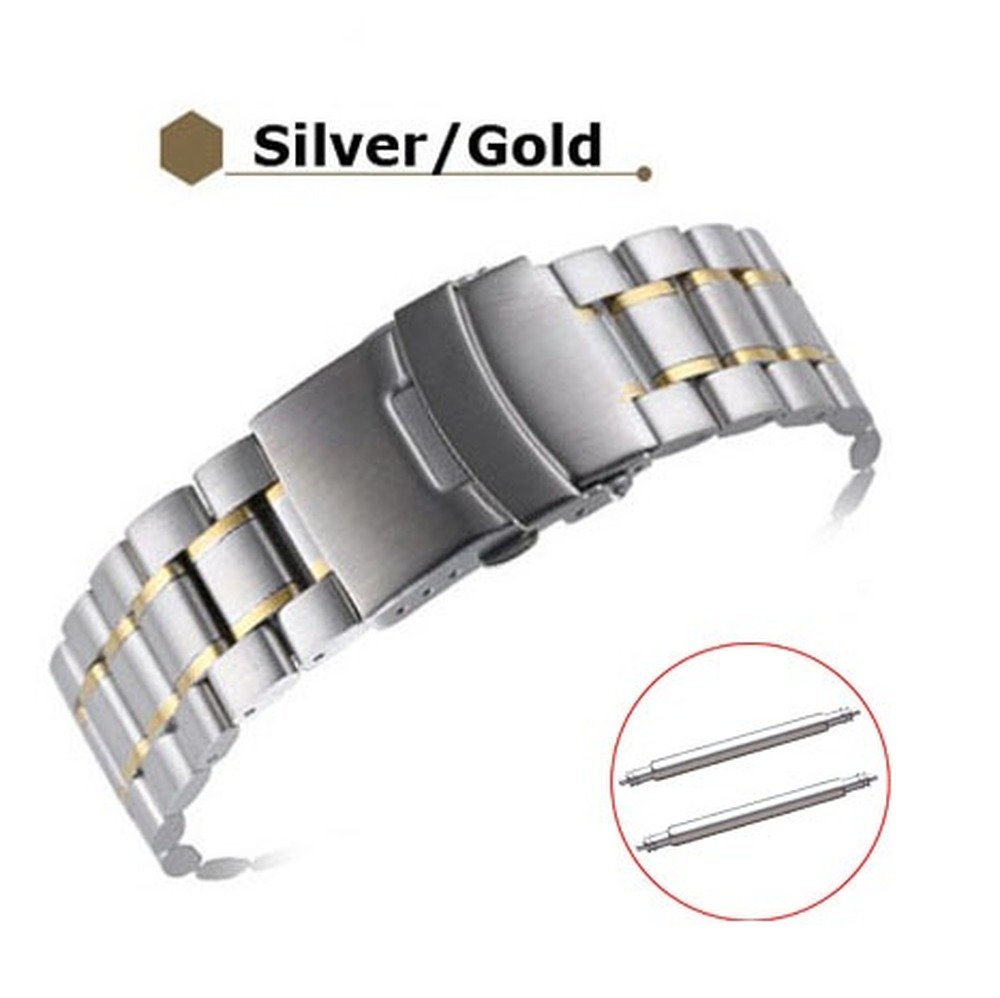 Curved end stainless steel watch band 18-24mm with double lock buckle for secure fit.