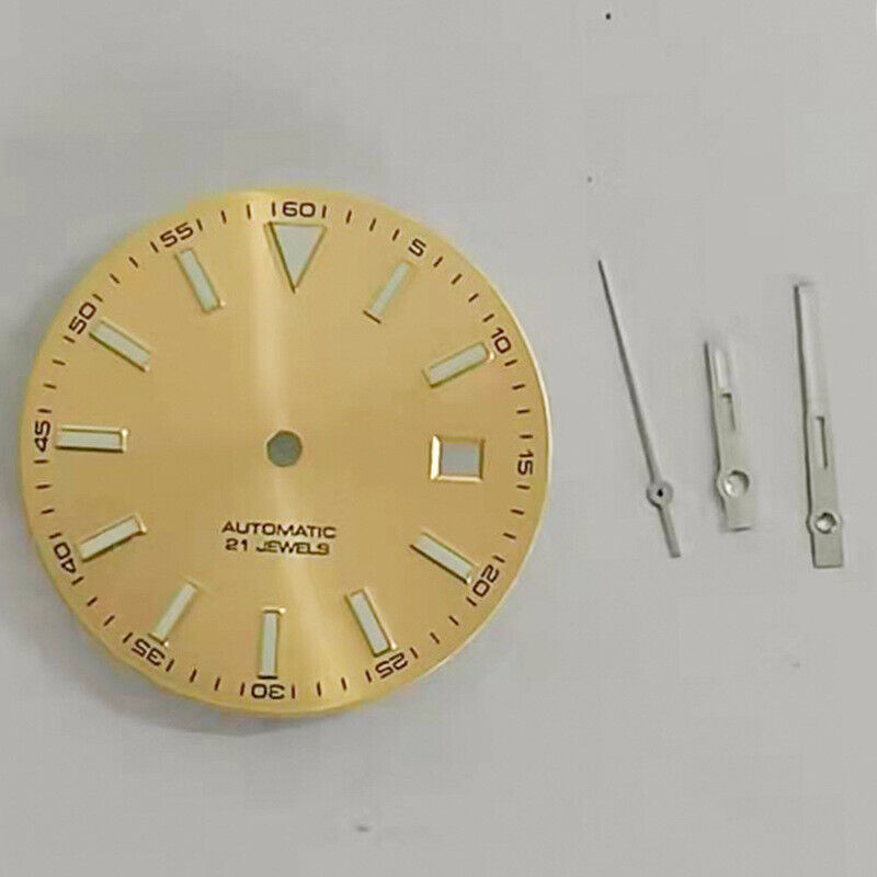 Blue luminous 30.6MM watch dial with hands, compatible with 2813 Miyota 8215 movements, for precise timekeeping.